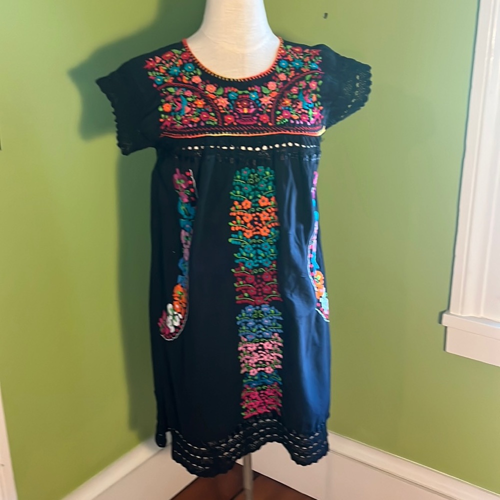 black hand embroidered Puebla mini dress